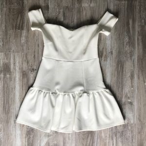 Ivory, off-shoulder mini dress.